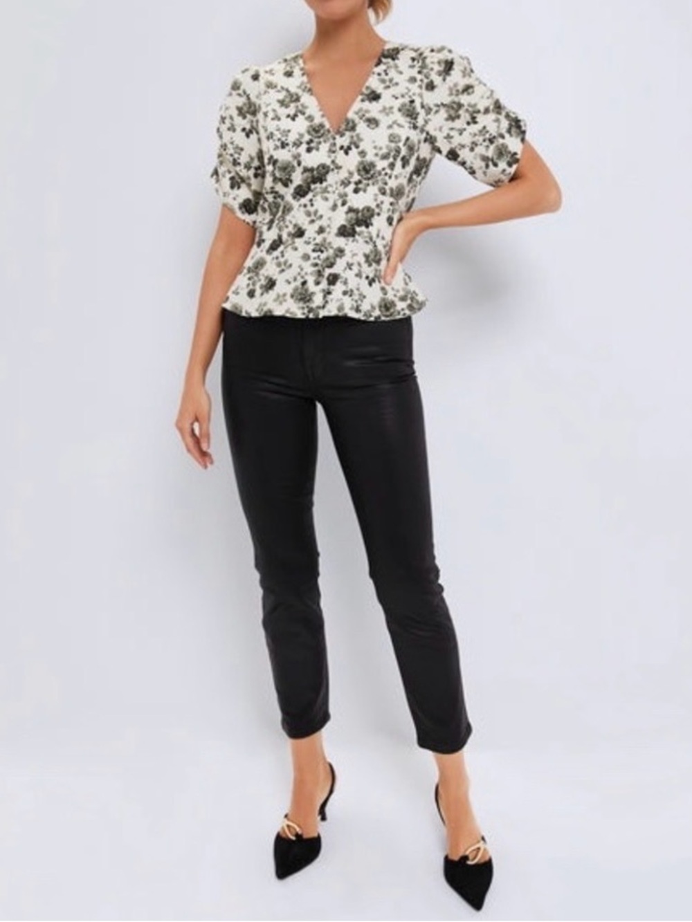 Tuckernuck Lisle Floral Peplum Top NWT XXL Puff Sleeve V-Neck Blouse - Picture 2 of 16